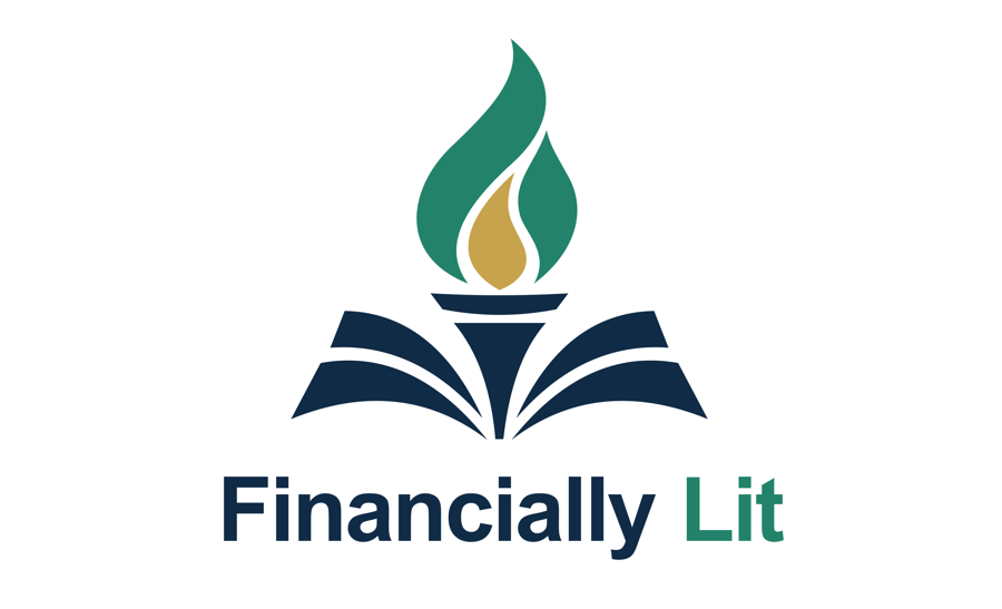 Financially Lit logo: an open book beneath a green and gold torch flame